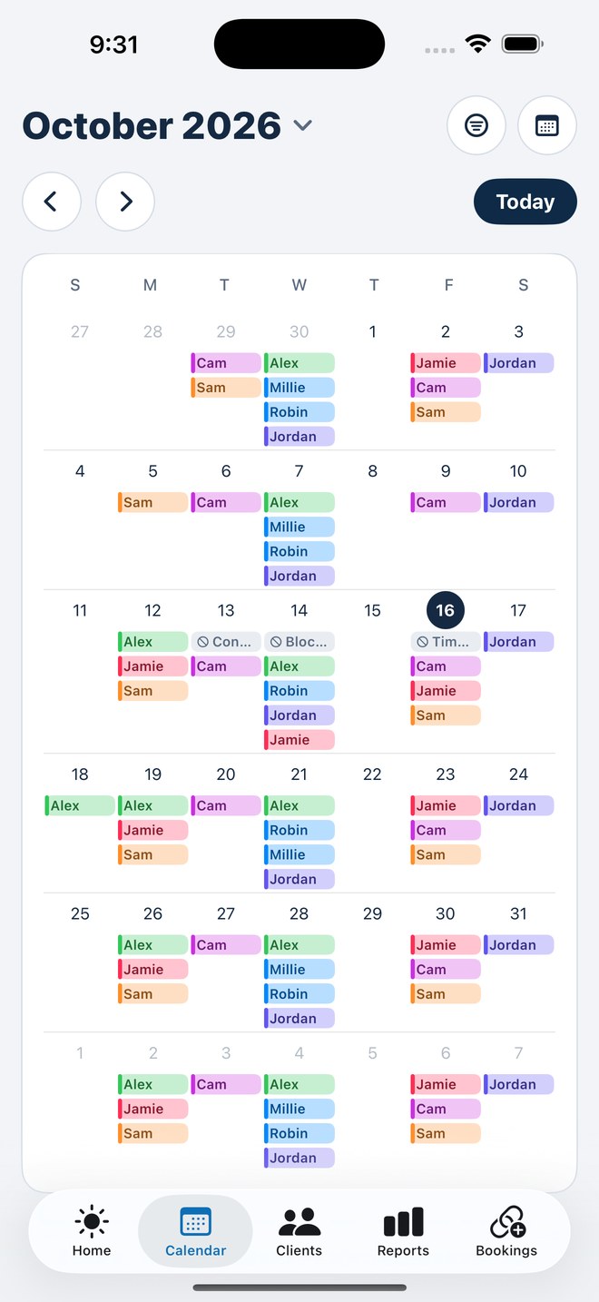 Month calendar with sessions color-coded by client